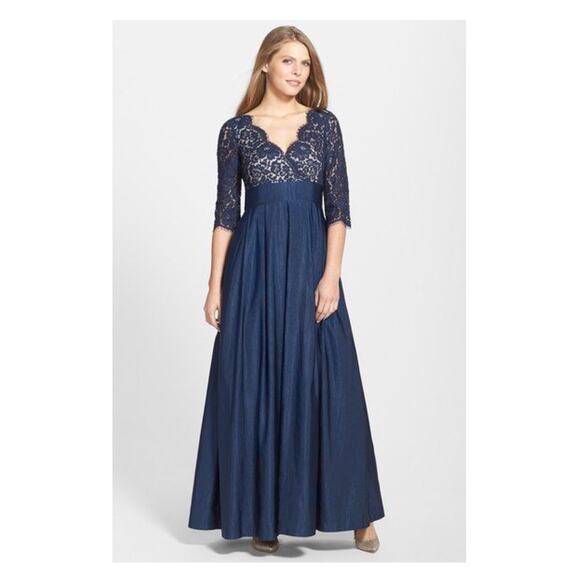 Eliza J Blue Lace V Neck 3/4 Sleeve Gown
